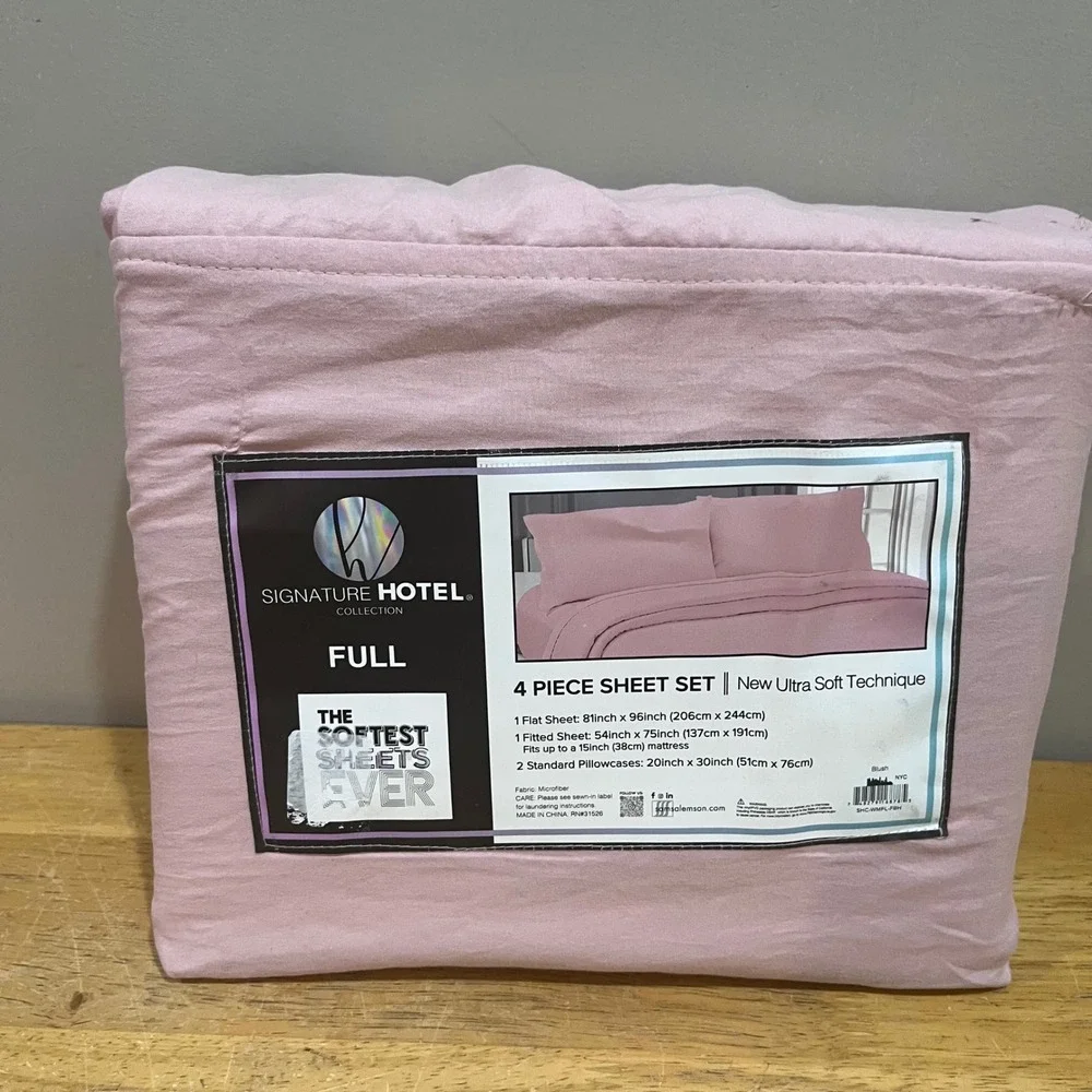 Signature Hotel Collection Full Sheet Set 4pc Blush Pink Ultra Soft Microfiber